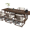Traditional Tea Table and Chairs with Dark Wood Light Cushions Tea Set and Small Plant