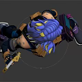 Blue Haired Character Standing With Gun In Purple And Blue Combat Outfit