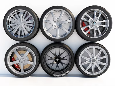 Stylish Car Tires Featuring Various Wheel Rim Designs Arranged in Rows 3d model