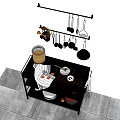 Organized Kitchen Utensils Cookware On Rolling Cart With Hanging Tools And Fruit Basket