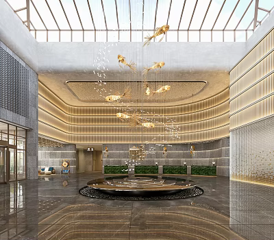 Modern Store Front Desk Interior With Elegant Pendant Lights And Marble Counter Design 3d model