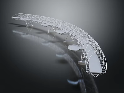 Cartoon Scene Of Modern White Curved Bridge Structure With Reflection On Dark Surface 3d model