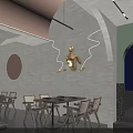Modern Restaurant Interior Design With Dark Ceiling Pink Decorative Structure Dining Tables And Plants 3d model