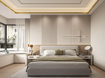 Modern Bedroom Interior Design With Bed Nightstands And Cross Wall Decor 3d model