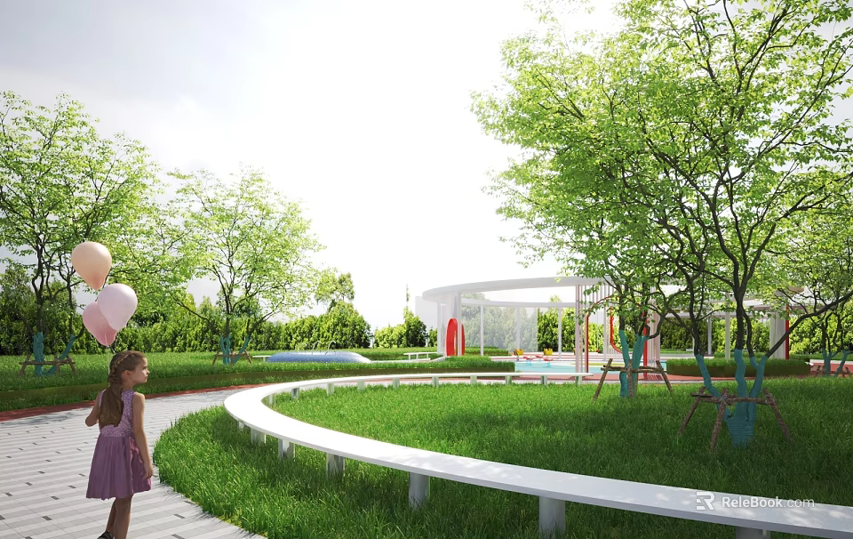 Scenic Park Landscape With Girl Holding Pink Balloons Green Lawn Trees White Railings And Playground 3d model 