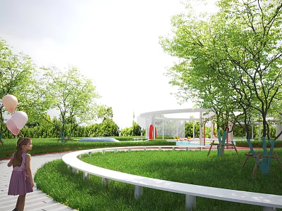 Scenic Park Landscape With Girl Holding Pink Balloons Green Lawn Trees White Railings And Playground 3d model