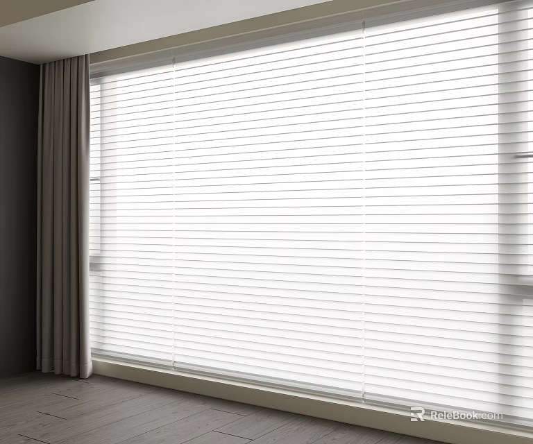 White Window Blinds With Gray Curtains Filtering Natural Light In Modern Room 3d model 