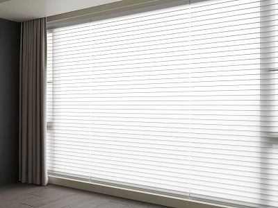 White Window Blinds With Gray Curtains Filtering Natural Light In Modern Room 3d model