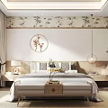 Modern Chinese Bedroom Interior With Floral Wallpaper Bed Nightstands Pendant Lights And Green Plants