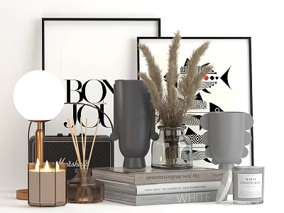 Stylish Modern Decorative Ornament Set With Frames Round Lamp Pampas Grass Books And Sculptural Decor 3d model