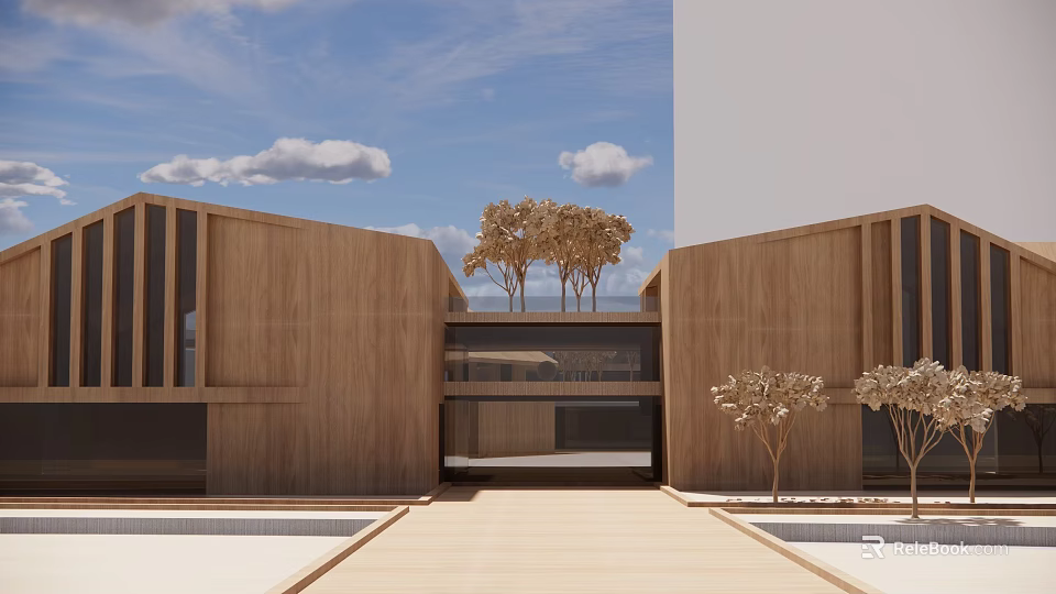 Modern Commercial Street with Wooden Buildings Blue Sky and Trees Scenic Urban Landscape 3d model 