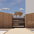 Modern Commercial Street with Wooden Buildings Blue Sky and Trees Scenic Urban Landscape