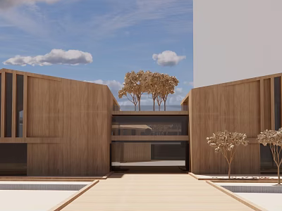 Modern Commercial Street with Wooden Buildings Blue Sky and Trees Scenic Urban Landscape 3d model