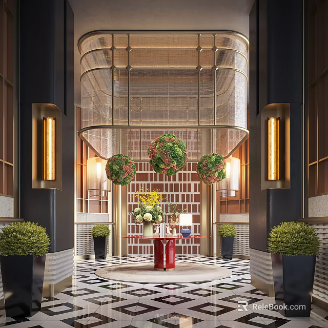 Luxurious Hotel Lobby With Hanging Green Plant Decor Golden Lighting And Circular Design Elements 3d model 