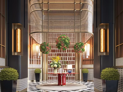 Luxurious Hotel Lobby With Hanging Green Plant Decor Golden Lighting And Circular Design Elements 3d model