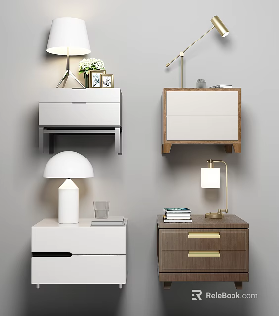 Modern Wall Mounted And Freestanding Bedside Tables With Drawers Lamps Books And Decorations 3d model 