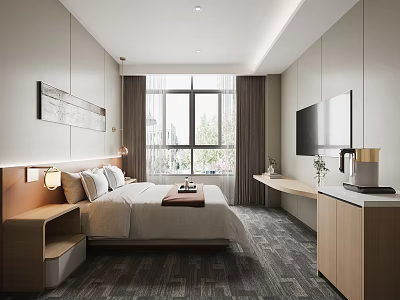 Modern Hotel Guest Room With Comfortable Bed Bedside Lamps Wall Mounted TV And Decorative Painting 3d model