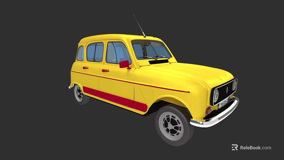 Yellow Retro Compact Car With Red Stripe And Classic Exterior Design 3d model 