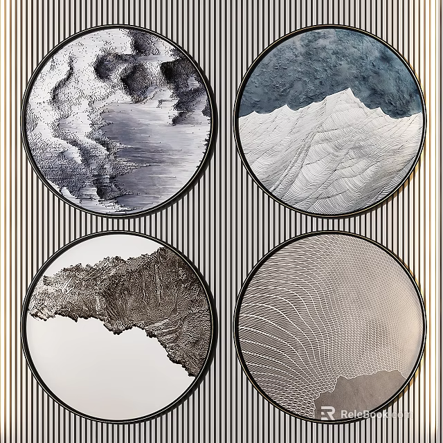 Four Circular Framed Paintings With Natural Textures And Linear Patterns On Striped Background 3d model