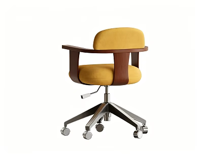 Modern Office Chair With Yellow Cushion Backrest Brown Armrests And Silver Metal Base Wheels 3d model