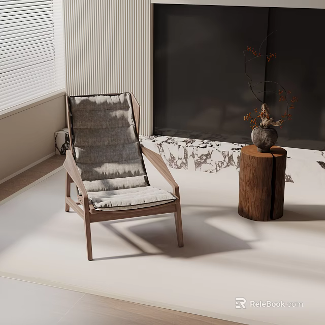 Lounge Chair With Wooden Frame Gray Cushion And Wooden Stump Table By Window With Blinds 3d model 
