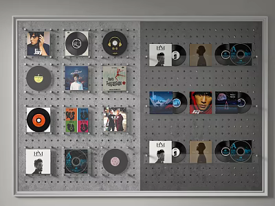 Vinyl Records Display On Wall Mounted Rack Featuring Various Album Covers And Designs 3d model
