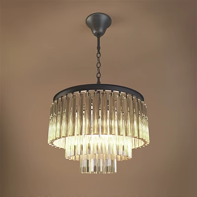 Elegant Tiered Crystal Chandelier With Circular Black Frame And Warm Illumination 3d model