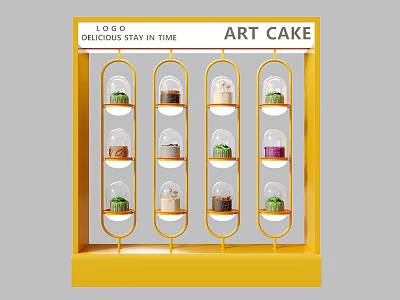 Yellow Display Shelf With Transparent Glass Covers For Displaying Art Cakes And Multiple Layers 3d model