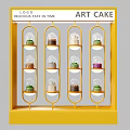 Yellow Display Shelf With Transparent Glass Covers For Displaying Art Cakes And Multiple Layers