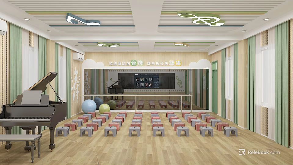 Elementary School Classroom with Piano Colorful Stools Ball Toys Wooden Floor and Musical Note Decorations 3d model 