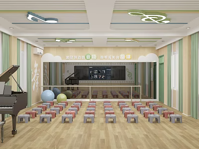 Elementary School Classroom with Piano Colorful Stools Ball Toys Wooden Floor and Musical Note Decorations 3d model
