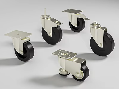 Metal Caster Wheels with Black Rubber Tires and Sturdy Metal Brackets 3d model
