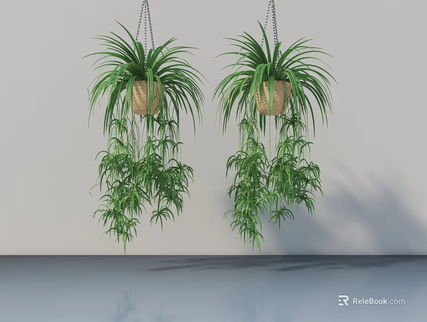 Lush Indoor Hanging Basket Plants with Trailing Greenery in Woven Planters 3d model 