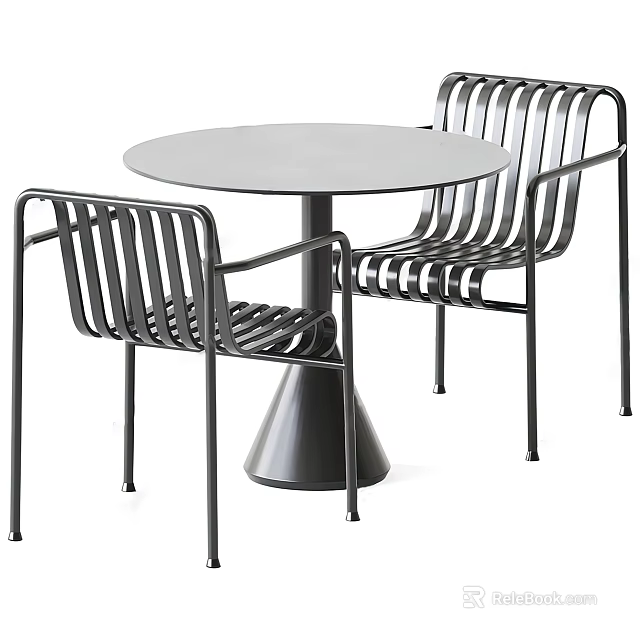Modern Metal Round Table and Chair Set with Slatted Back and Conical Base 3d model 
