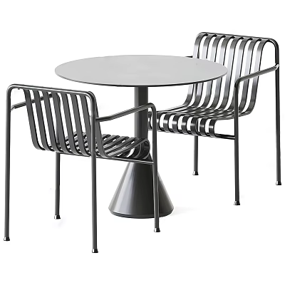 Modern Metal Round Table and Chair Set with Slatted Back and Conical Base 3d model