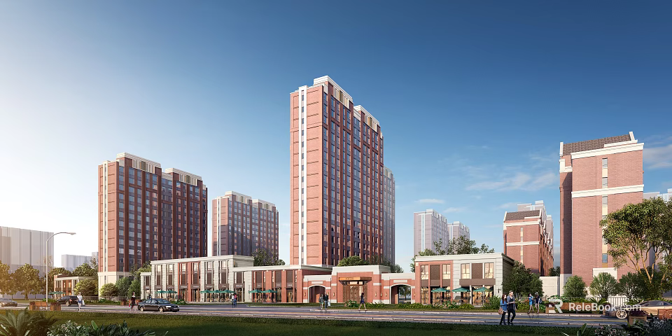 Red Brick High Rise And Low Rise Residential Buildings With Green Lawns And Pedestrian Paths 3d model 