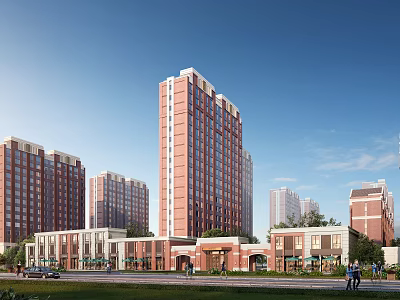 Red Brick High Rise And Low Rise Residential Buildings With Green Lawns And Pedestrian Paths 3d model