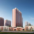 Red Brick High Rise And Low Rise Residential Buildings With Green Lawns And Pedestrian Paths