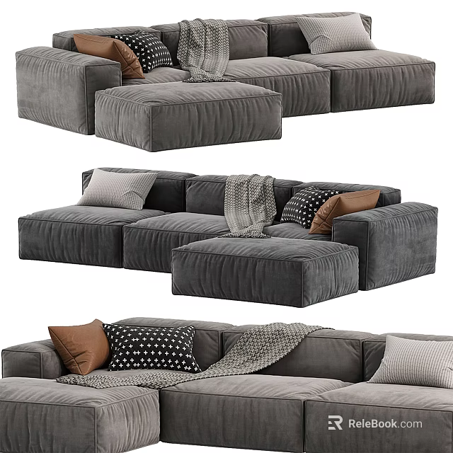 Gray Velvet Sectional Sofa With Decorative Pillows Throw Blanket And Ottoman 3d model