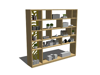 Wooden Bookshelf With Multiple Shelves Books Small Potted Plants And Decorative Items 3d model