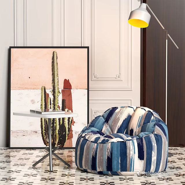 Blue And White Striped Bean Bag Chair With Cactus Painting In Living Room 3d model 