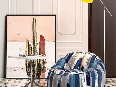 Blue And White Striped Bean Bag Chair With Cactus Painting In Living Room 3d model