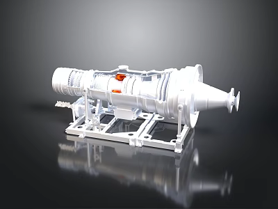 Industrial Machinery Equipment with White Metal Frame and Red Component on Reflective Black Background 3d model