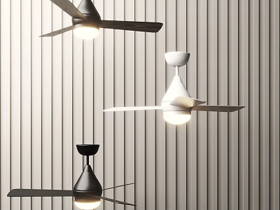 Modern Design Ceiling Fans with Lights in Black and White Colors Hanging on Striped Wall 3d model