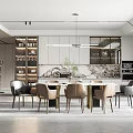 Modern Elegant Restaurant Interior With Dining Table Chairs Wine Cabinet And Marble Backsplash 3d model
