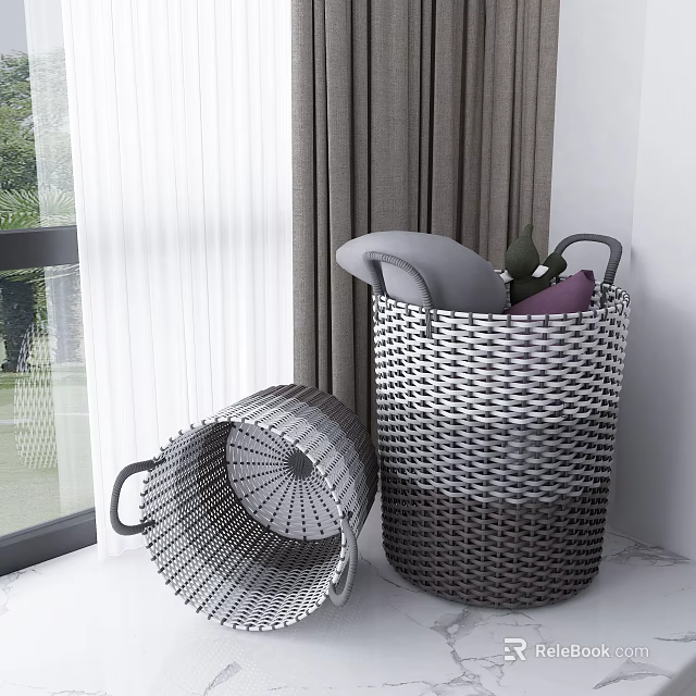 Gray and White Woven Storage Baskets with Handles for Organizing Home Items by Window 3d model 