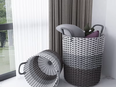 Gray and White Woven Storage Baskets with Handles for Organizing Home Items by Window 3d model
