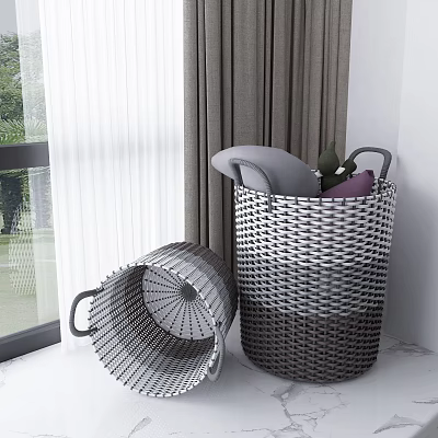 Gray and White Woven Storage Baskets with Handles for Organizing Home Items by Window 3d model