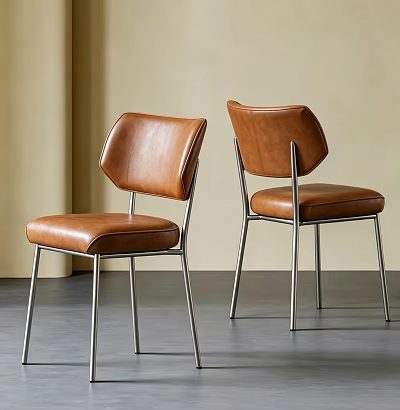 Modern Brown Leather Dining Chairs With Curved Backrest And Metal Frame 3d model
