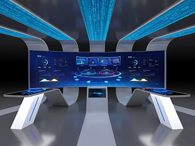 High Tech Computer Control Room With Large Display Screens And Digital Data Interface 3d model